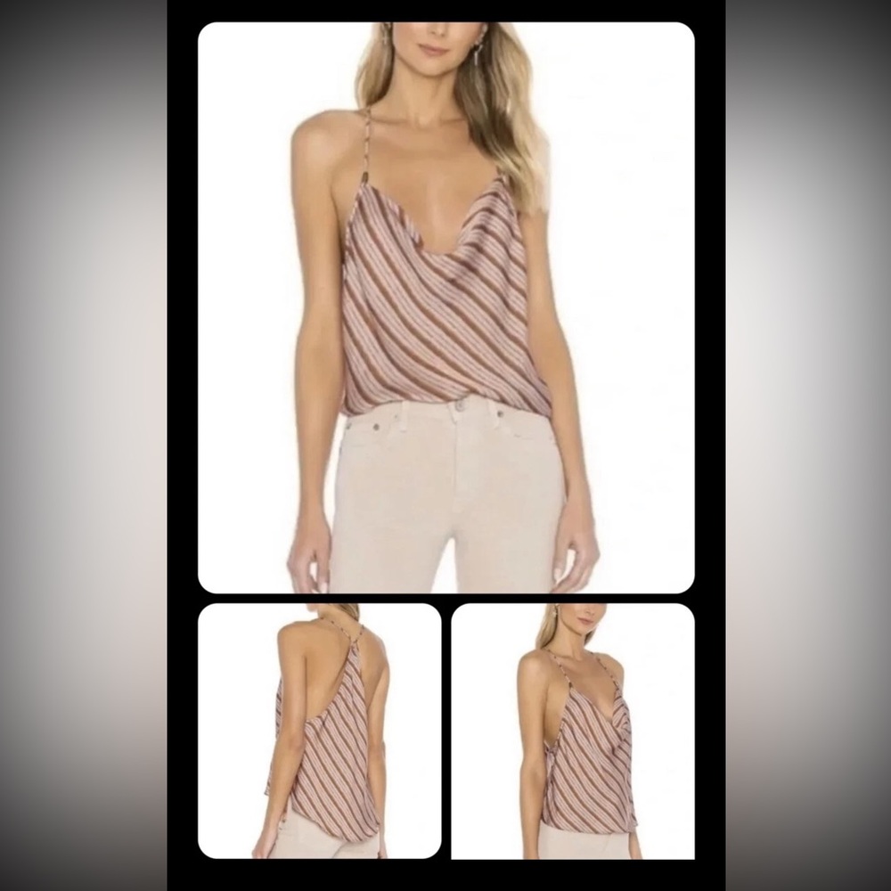 NWT Free People Cowl Neck Camisole Tank Diagonal Striped Blush and Tan Large